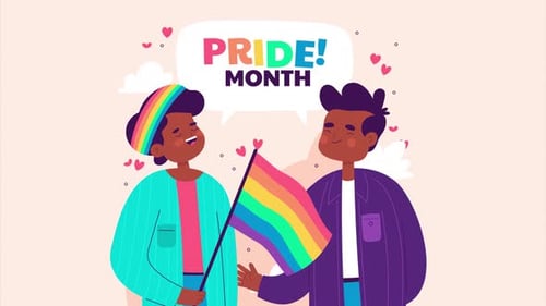 Pride Month Animation with Diverse Couple and Rainbow Flag
