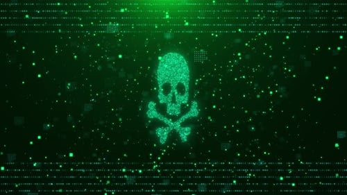 Code de programmation d'écran d'ordinateur 3D et concept de crâne d'avertissement de maliciel de sécurité ou d'attaque de pirates informatiques