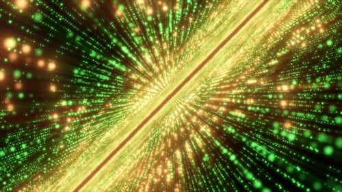 Abstrakte grüne Energie, Hightech-Linien und digitale Partikel fliegen in einem Tunnel mit Bokeh-Effekt