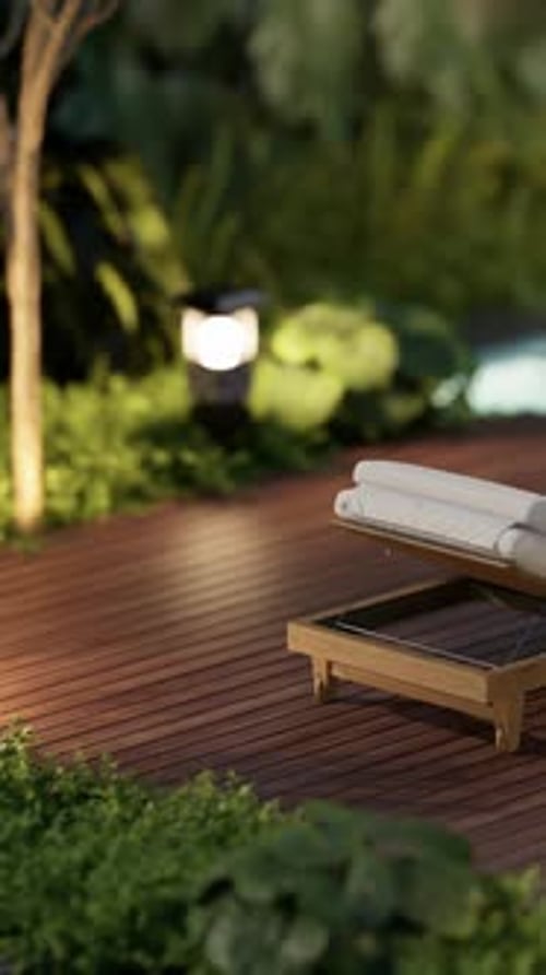 Exterior design details, close-up shot, two sun loungers by the pool.