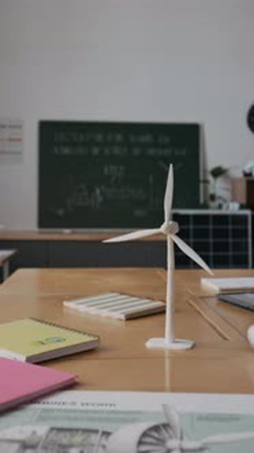 Small Wind Turbine Model on Desk in Classroom at Ecology Lesson
