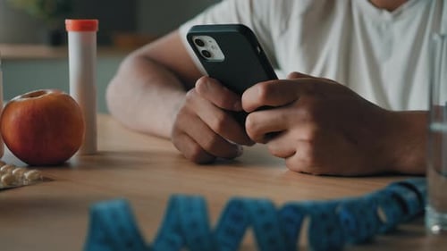 Close Up Male Hands Browsing Mobile Phone Guy Nutritionist Unrecognizable Man Sport Trainer Counting