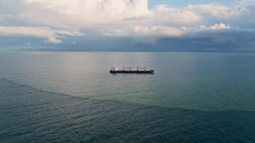 Aerial View Ship Sailing Gloomy Horizon Slow Motion Vessel Floating Calm Ocean
