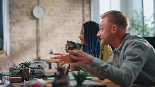Office Team Drinking Coffee Sitting Coworking Space Closeup Staff Sharing Ideas