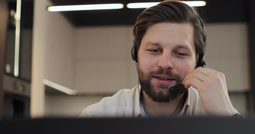 Closeup Face Man Wearing Headset and Talking Call Center Worker Positive Young Man Wearing Headset