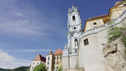 View from the tower of the Abbey of Dürnstein. Former monastery in Wachau, Lower Austria.