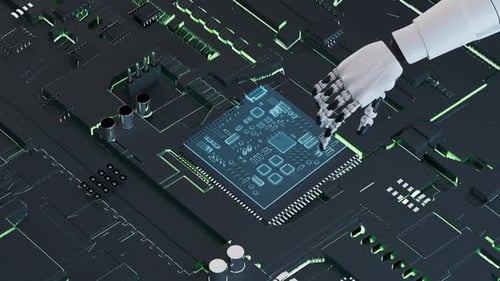 Robotic Hand Interacting with Holographic CPU on Circuit Board
