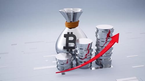 Silver Money Bag With A Bitcoin Symbol And Increasing Coins Including Red Upward Arrow