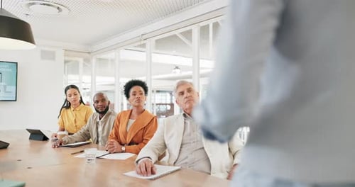 Business people, speaker hand or office presentation for marketing education