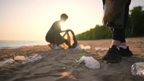 Volunteers Guys Collecting Trash Garbage and Sorting in Bags on Ocean Coast Environment Pollution