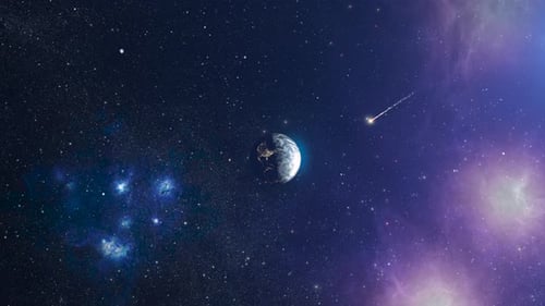 Burning Meteor flying toward planet earth, outer space view