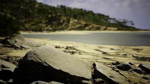 L'éclairage au crépuscule met en valeur une plage tranquille et des eaux lointaines