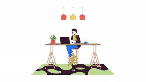 Animated Flat Design Illustration of Person Working with Laptop