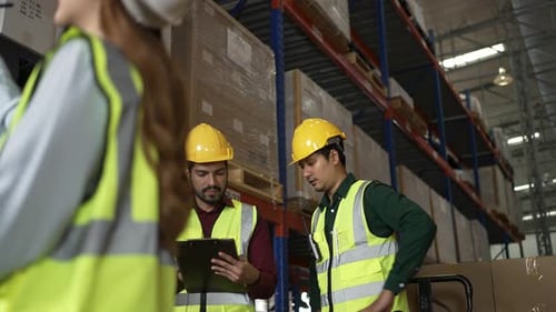 Blue collar workers are working at warehouse.