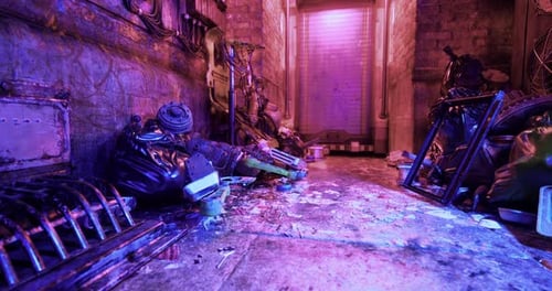 Neon Lit Futuristic Urban Alleyway Walk Through