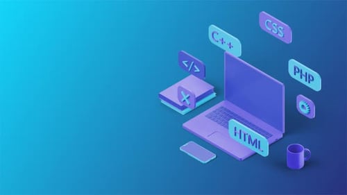 Isometric Software Development Scene With Laptop And Programming Languages