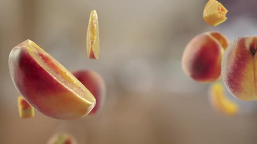 Flying Peach and Peaches in Bright Brown Kitchen Background