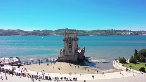 Aerial video of Belem Tower in Lisbon, Portugal