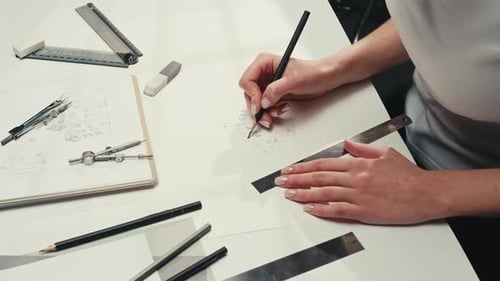 Architect Drawing Blueprint with Pencil and Ruler