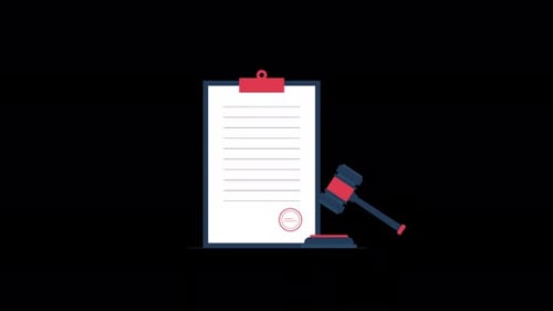Animated Legal Document on Clipboard with Gavel. Court Decision Concept Video - Transparent