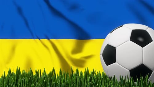 Animated Ukrainian Flag and Soccer Ball with Green Grass