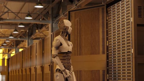 A Humanoid robot standing in data center and yellow lights with server racks and industrial ceiling.