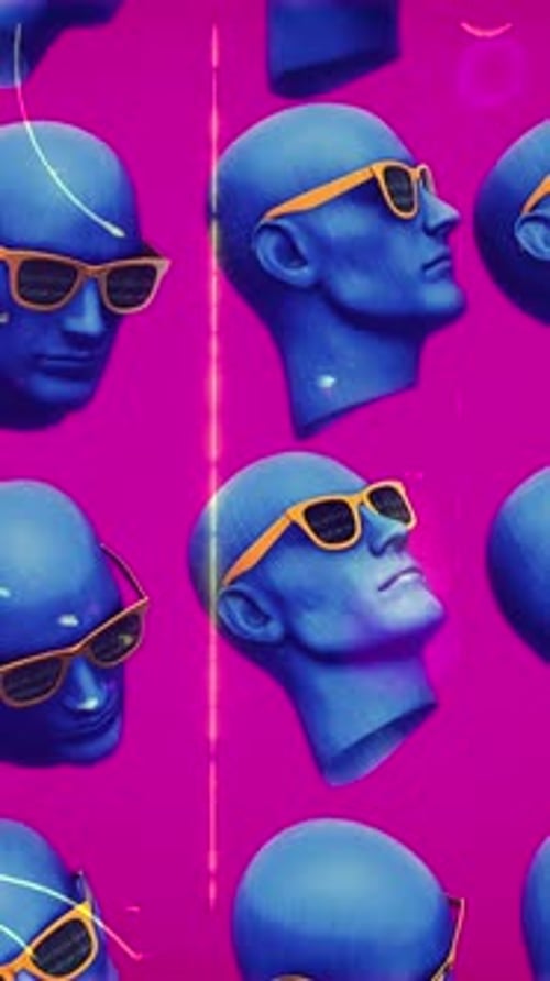 Neon Glitch Blue Mannequin Heads Animated Background