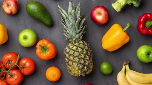 Assorted Fruits and Vegetables on Dark Surface