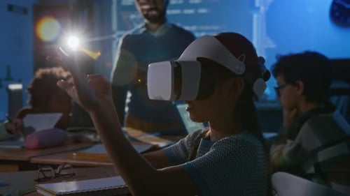 Girl in VR Headset Manipulating Code Blocks in Metaverse at Programming Lesson