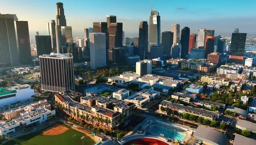 Flight over the stadiums near the downtown of Los Angeles, California, USA.