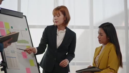 Team Discussing Data at Whiteboard in Modern Office