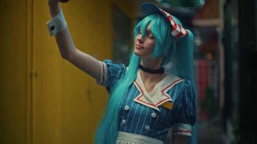 A Cosplay Enthusiast Happily Taking a Colorful Selfie with Their Vibrant Aqua Hair Today