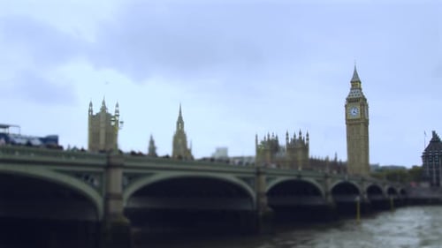 Wide shot Big ben and Westminster bridge in London with a tilt shift lens