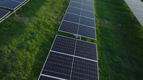Solar panels on a green field under bright sunlight, aerial view