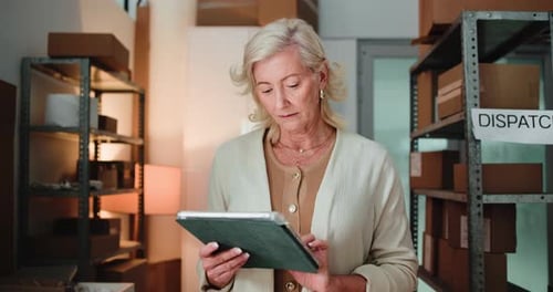 Mature woman, logistics or inventory with tablet for small business startup or delivery in shop