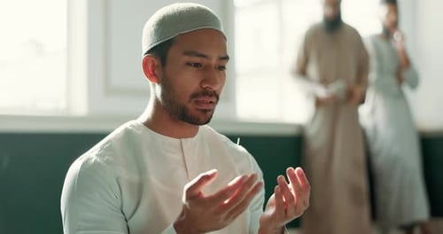 Islam, prayer and man in mosque with faith, mindfulness and gratitude with commitment to faith