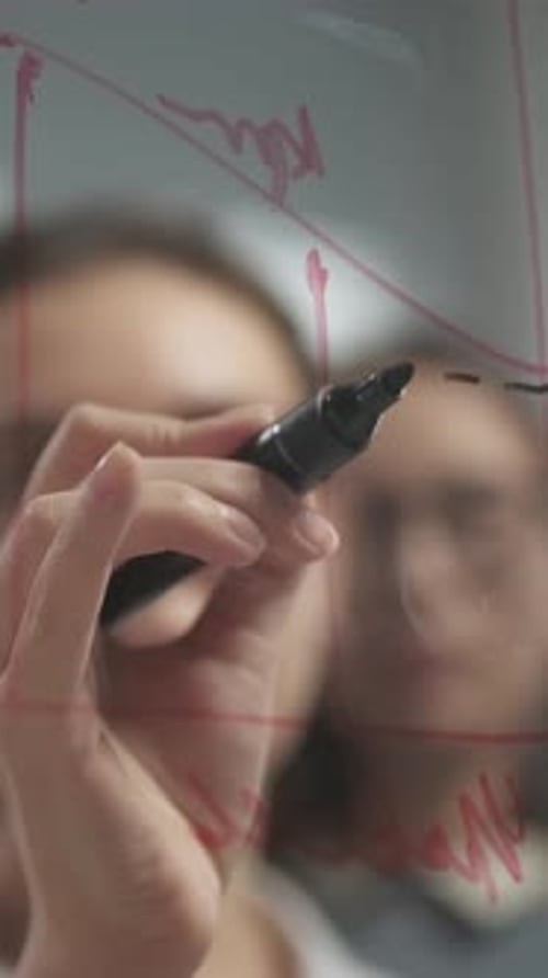 Woman Writes Business Graph on Transparent Whiteboard