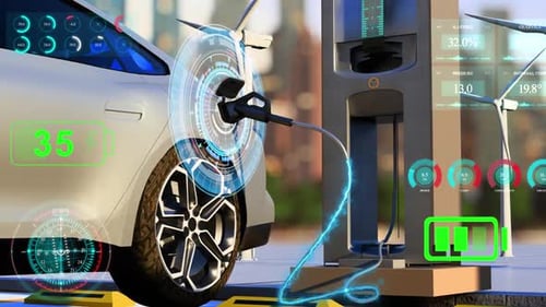 Electric Car Charging with Futuristic HUD Data Display