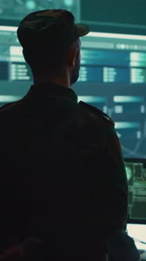 Vertical Video US Military Man Supervising Threat Detection Activity in High Tech Office