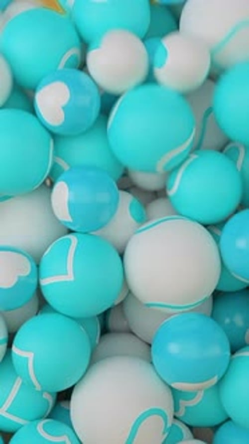 Falling Pile of Colorful White and Blue Ping Pong Balls Against Yellow Background Animation Abstract