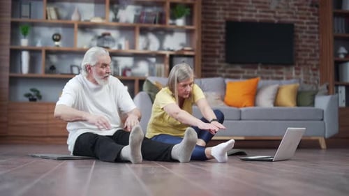 Senior Couple Stretching At Home With Laptop
