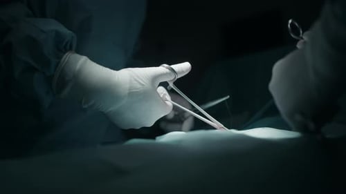 Surgeon’s Gloved Hands Operating with Surgical Tools in Sterile Hospital Environment