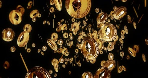 Ethereum ETH cryptocurrency flying between golden coins loop