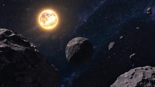 Animated Space Scene with Sun, Stars, and Asteroids
