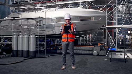 Full Body Of Asian Male Engineer Working On A Tablet in Shipyard