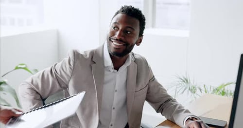 Black man, leadership support and employee with documents for planning strategy