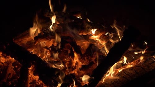 Burning Firewood with Flames at Night in the Dark