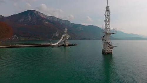 Drone shot over the Lake Annecy in France.