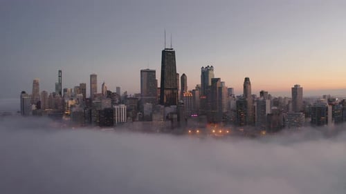 Aerial view of downtown Chicago with fog