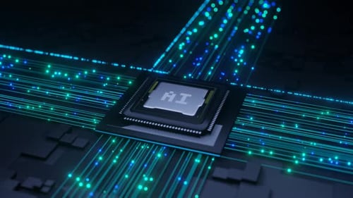 Digital CPU Processor with Glowing Data Streams